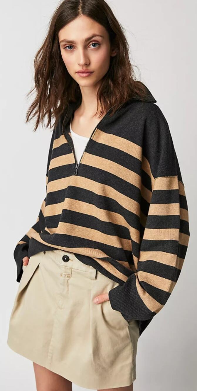 Free People Coastal Stripe Pullover Carbon Camel Combo Gray Tan Striped Medium